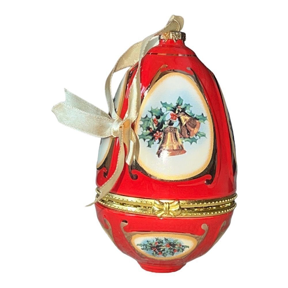 Valerie Parr Hill Christmas Egg Music Trinket Box Ornament Red Bell EUC